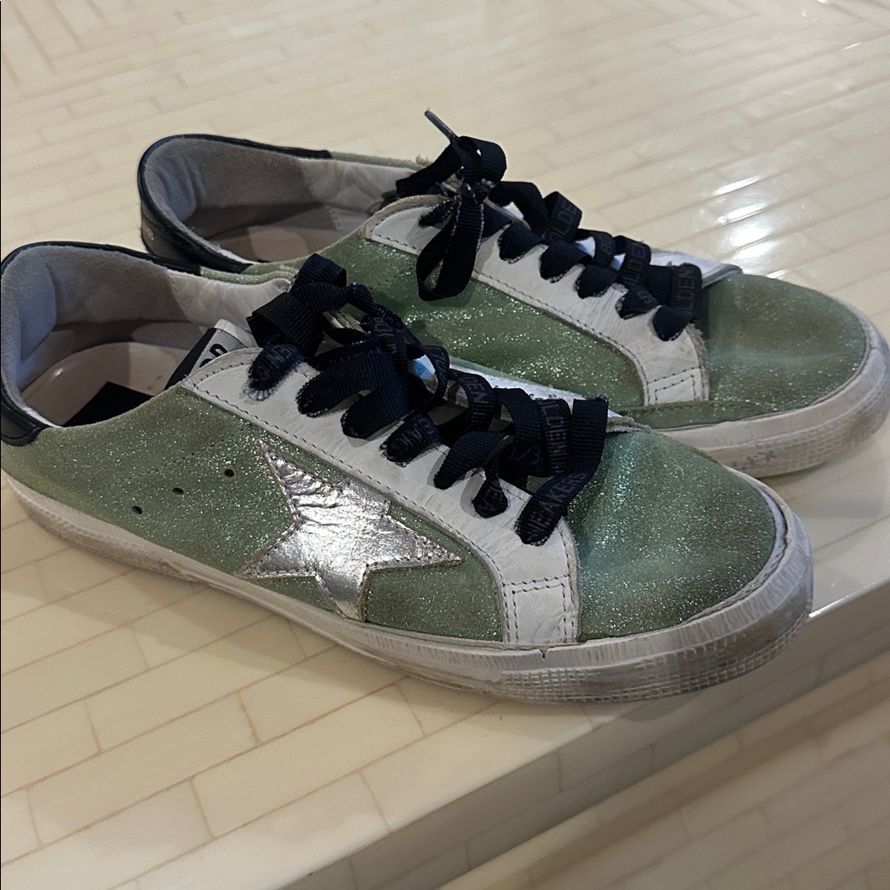 Golden Goose Green Glitter Sneakers with Black Accents